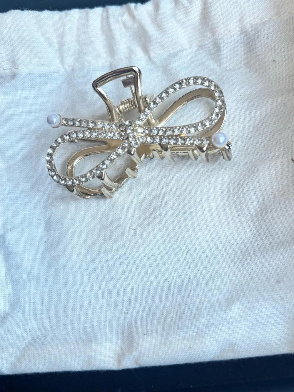 Gold Rhinestone Bow Hair Clip with Pearl Tips